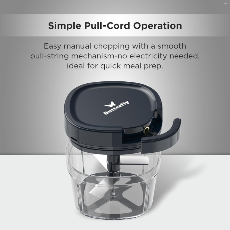 Butterfly Mini Chopper 600 ml Blue Manual Vegetable Chopper with 3 Stainless Steel Blades, Food-Safe Body & Non-Skid Base