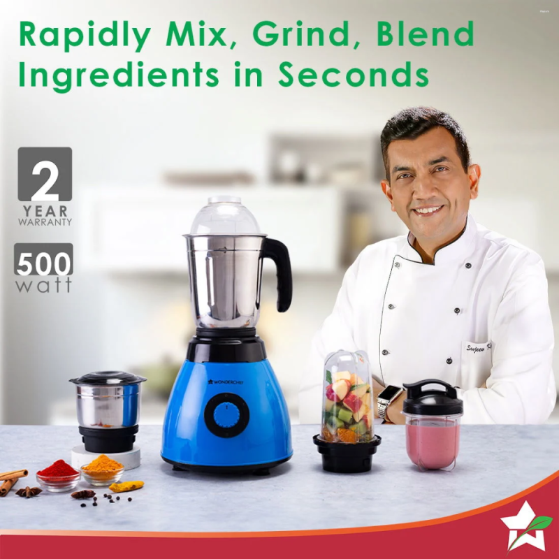 Wonderchef Acura Blender Pro 500W Mixer Grinder with 4 Jars, Stainless Steel Blades, 3-Speed Control & Overload Protection