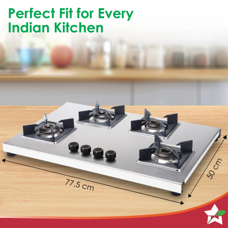 Wonderchef Inox 4 Brass Burner Manual Hobtop, 2mm Stainless Steel, LPG, SABAF Leak-Proof Valves