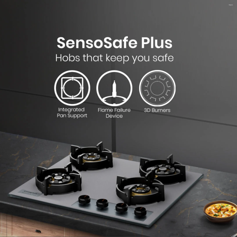 Crompton SensoSafe Plus 60cm 4 Burner Built-in Gas Hob with Full Brass 3D Burners, Auto Ignition & Flame Failure Safety (HOB-SSFB604SP-MBU)
