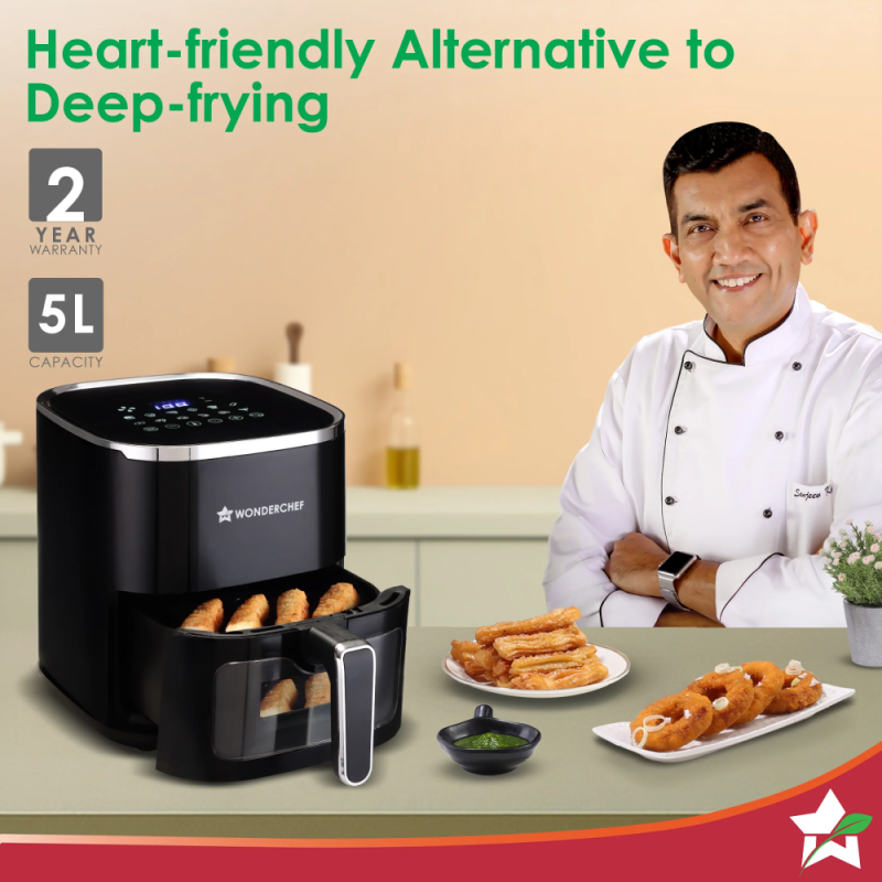 Wonderchef Evita 5L 1350W Digital Air Fryer, 12 Preset Menus, Rapid Air 360° Circulation, Viewing Window & Chamber Light