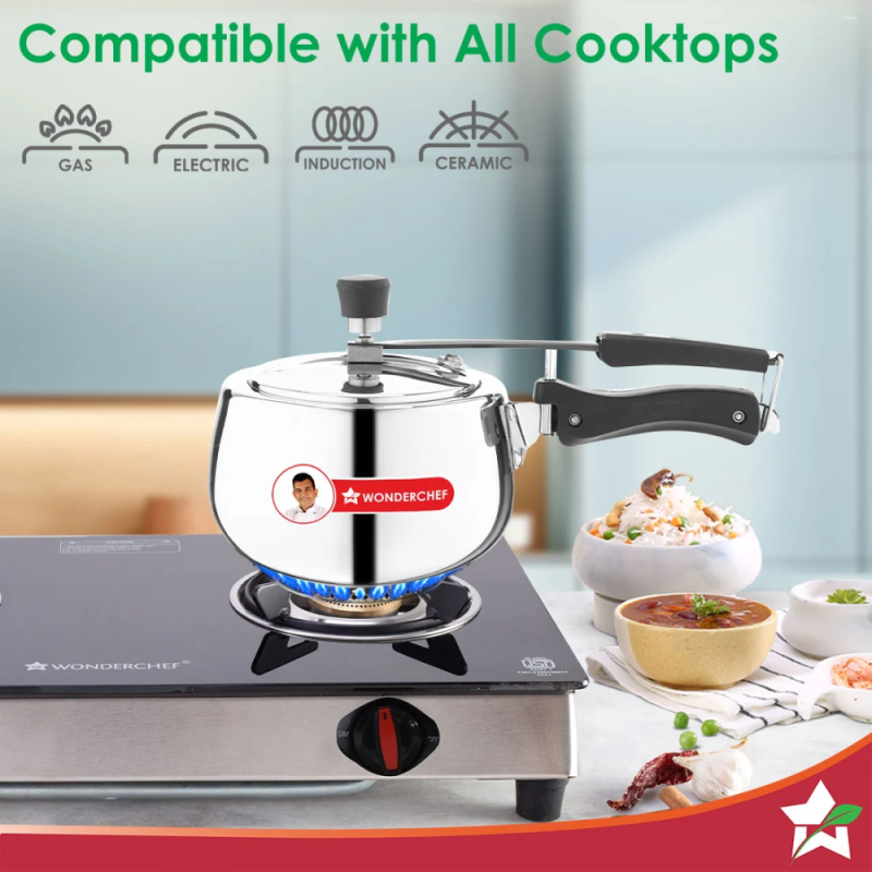 Wonderchef Nigella Tri-Ply 2L Inner Lid Pressure Cooker, 18/10 Stainless Steel, Contour Shape, Induction & Gas Compatible