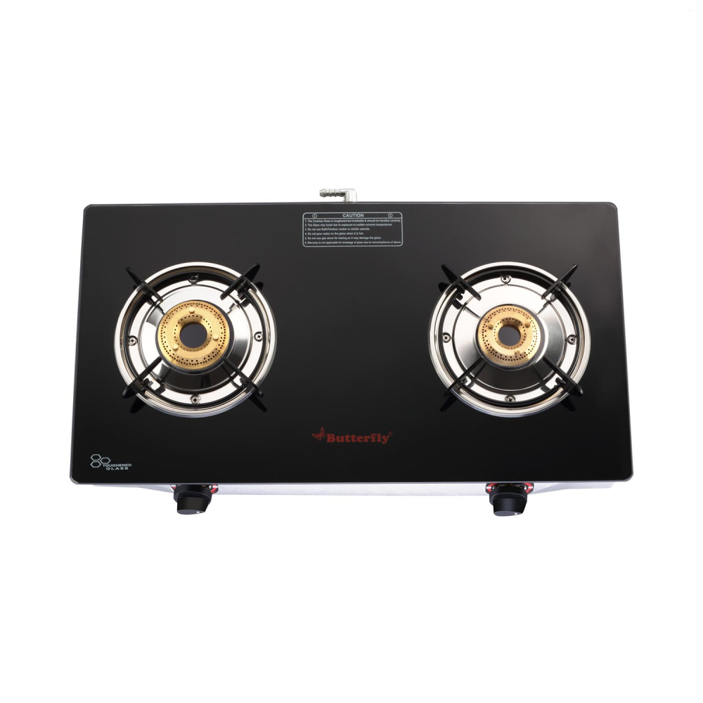 Butterfly Duo 2B 2 Burner Glass Top Gas Stove with Brass Burners, Toughened Glass & ABS Knobs