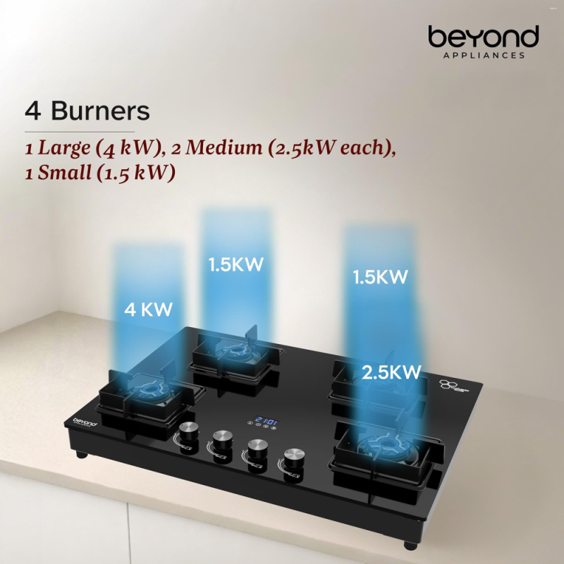 Beyond by BeyondNXT Solaria BACT-SO4BL-BA-002 4 Burner Gas Cooktop with 8mm Toughened Glass, Full Brass Burners, Auto Ignition & Smart Timer
