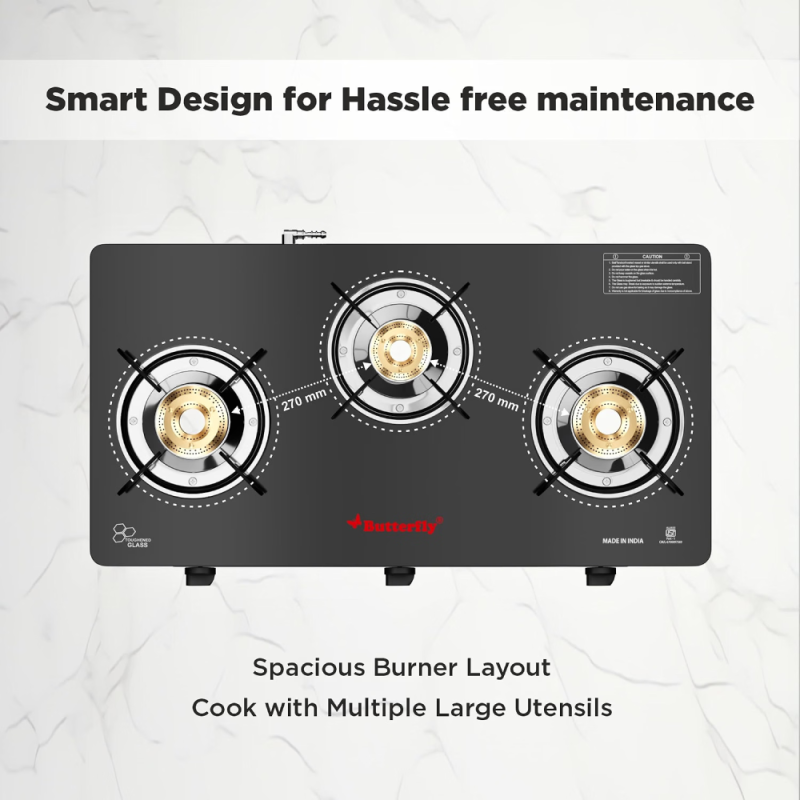 Butterfly Trio 3B 3 Burner Glass Top Gas Stove with Brass Burners, Toughened Glass & ABS Knobs