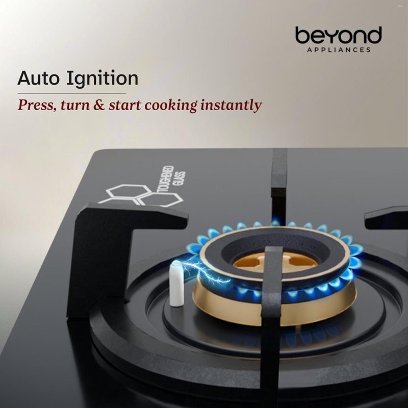 Beyond by BeyondNXT Zyra BAHO-ZR4BL-KE-003 4 Burner Gas Cooktop with Toughened Glass & Brass Burners