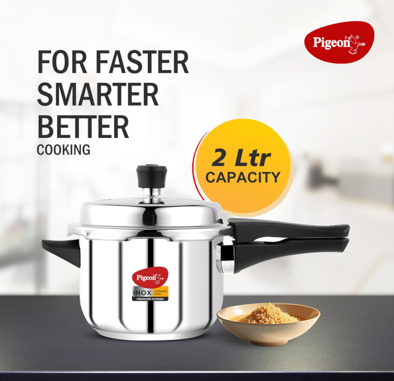 Pigeon Inox 2L Stainless Steel Pressure Cooker with Outer Lid & Sandwich Bottom
