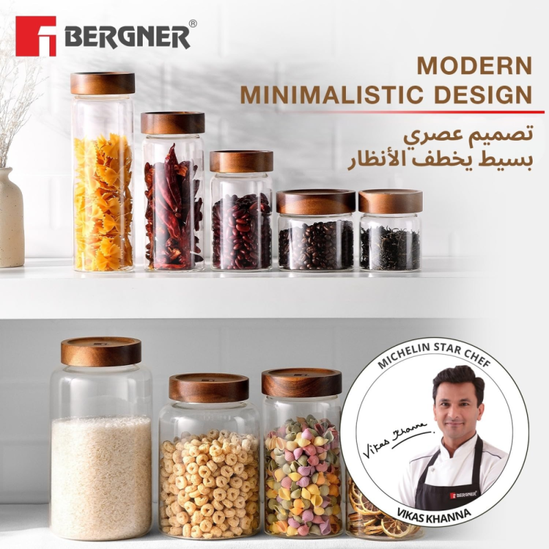 Bergner Acadia Acadia Striped Glass Jar 900ml Borosilicate Glass, Acacia Wood Lid BG-20554-MM