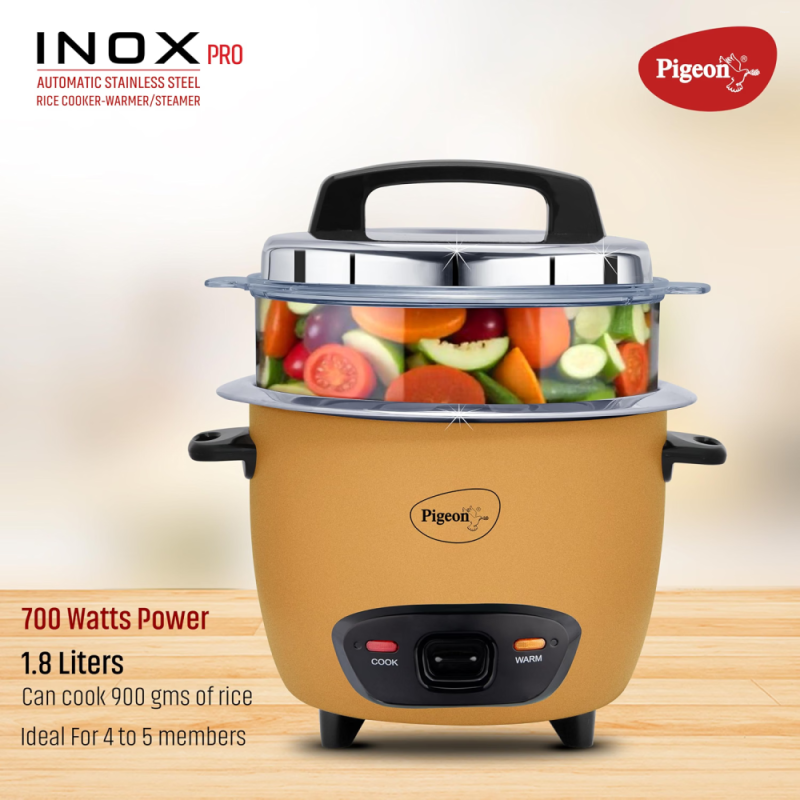 Pigeon Inox Pro 1.8L Electric Rice Cooker with Stainless Steel Single Pot, Cook & Keep-Warm Function, 700W, Yellow