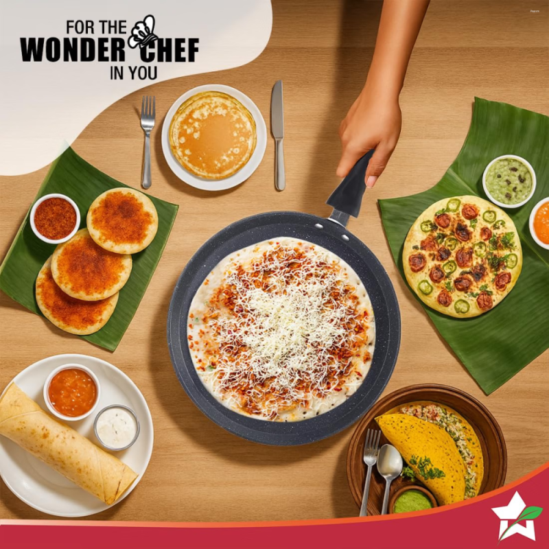 Wonderchef Duralite 28cm Die-Cast Dosa Tawa with 5-Layer Duramax Non-Stick Coating & Soft-Touch Handle, Grey
