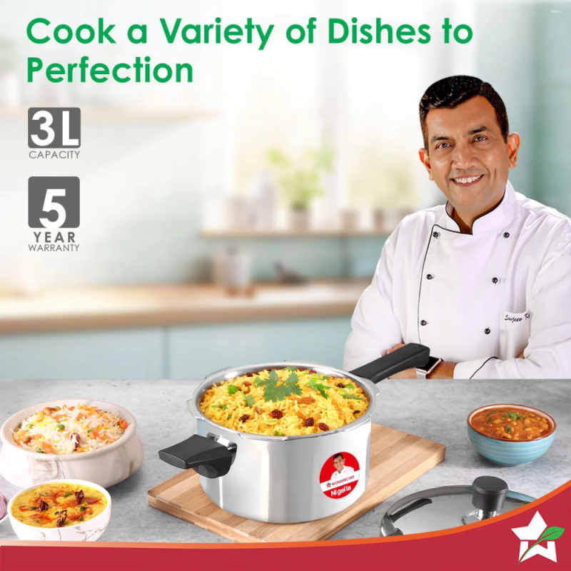 Wonderchef Nigella Tri-Ply 3L Outer Lid Pressure Cooker, 18/10 Stainless Steel, ISI Certified, Induction & Gas Compatible