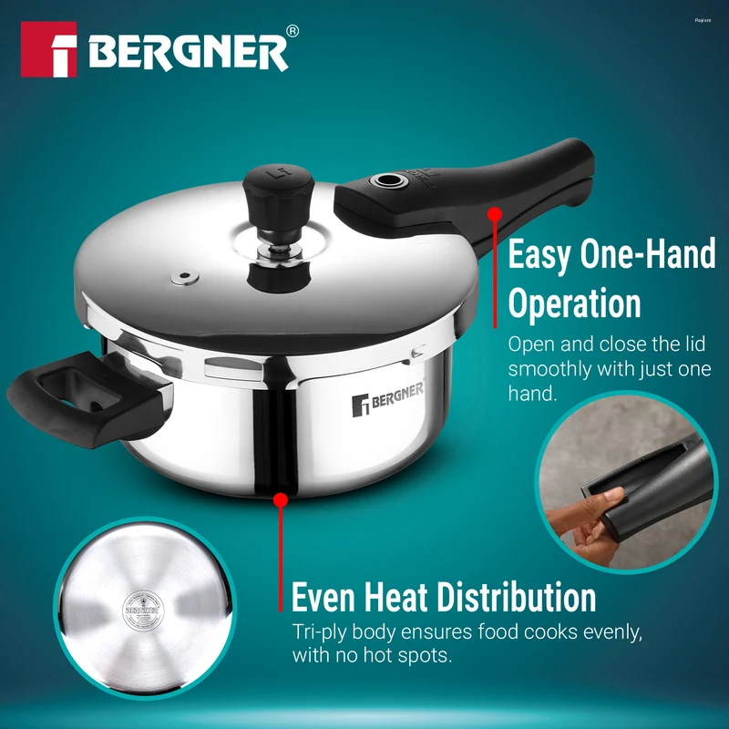 Bergner Argent Elements Elements SS Pressure Pan 3.5L Tri-Ply Stainless Steel, Induction Ready BGD-9704-MM