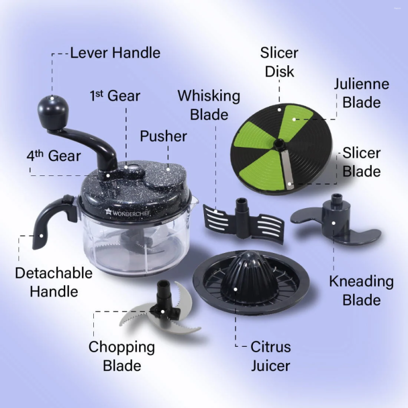 Wonderchef Turbo 6-in-1 Dual Speed Food Processor, Stainless Steel Blades, Chopper, Slicer, Julienne & Dough Kneader