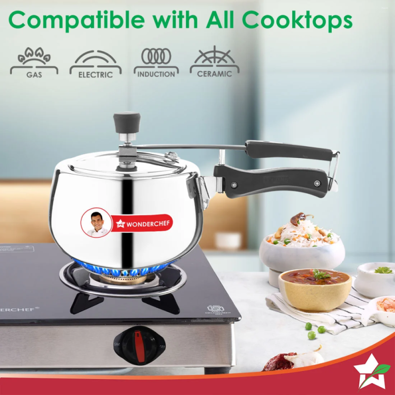 Wonderchef Nigella Tri-Ply 3L Inner Lid Pressure Cooker, 18/10 Stainless Steel, Contour Shape, Induction & Gas Compatible