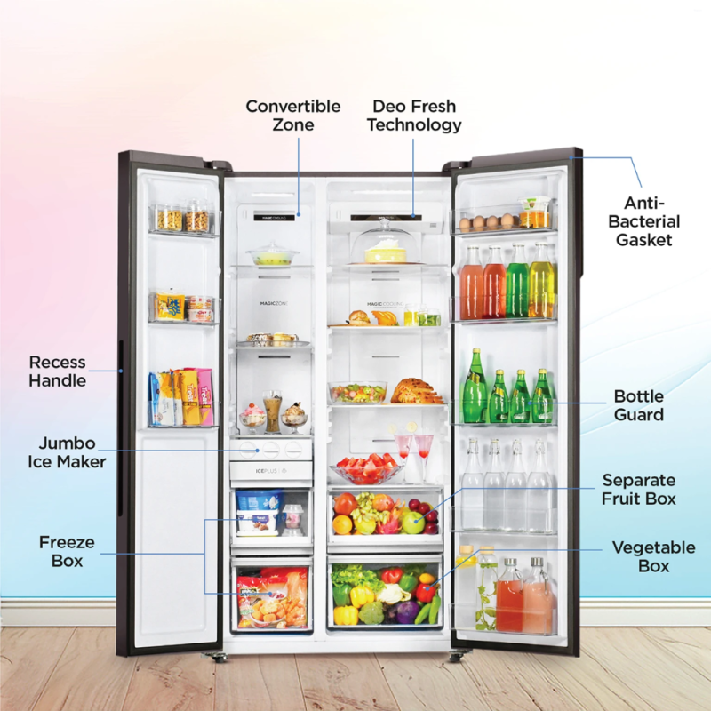 Haier 602 L 3 Star Side-by-Side Convertible Refrigerator with Expert Inverter, Magic Cooling, Deo Fresh & Jumbo Ice Maker HRS-682PNG