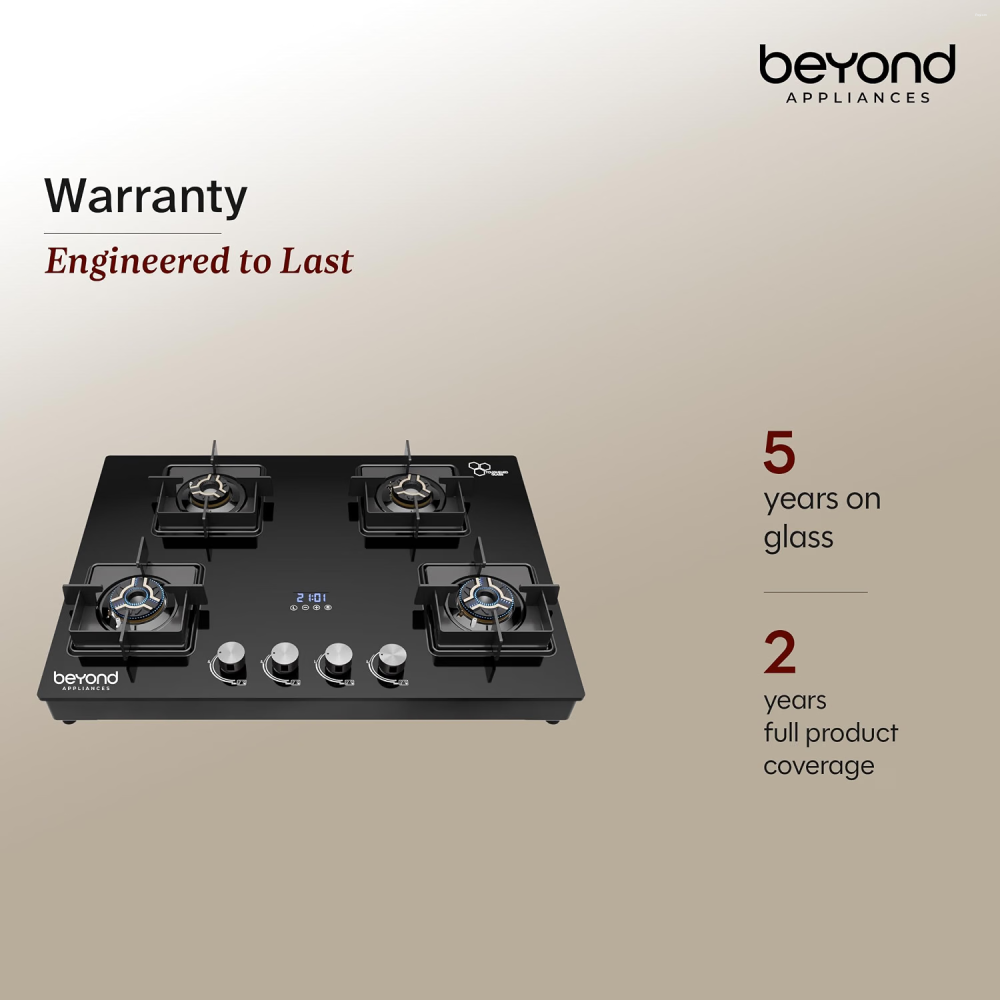 Beyond by BeyondNXT Solaria BACT-SO4BL-BA-002 4 Burner Gas Cooktop with 8mm Toughened Glass, Full Brass Burners, Auto Ignition & Smart Timer