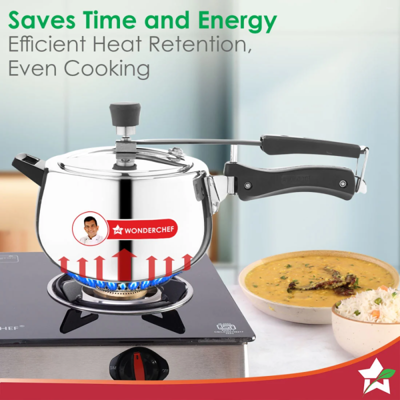Wonderchef Nigella Tri-Ply 5L Inner Lid Pressure Cooker, 18/10 Stainless Steel, Contour Shape, Induction & Gas Compatible