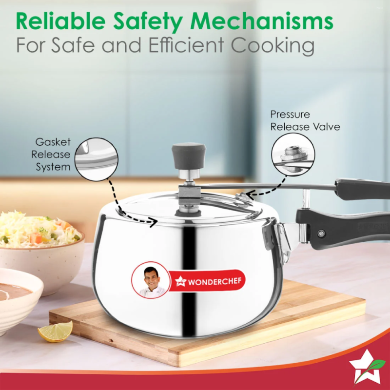 Wonderchef Nigella Tri-Ply 3L Inner Lid Pressure Cooker, 18/10 Stainless Steel, Contour Shape, Induction & Gas Compatible