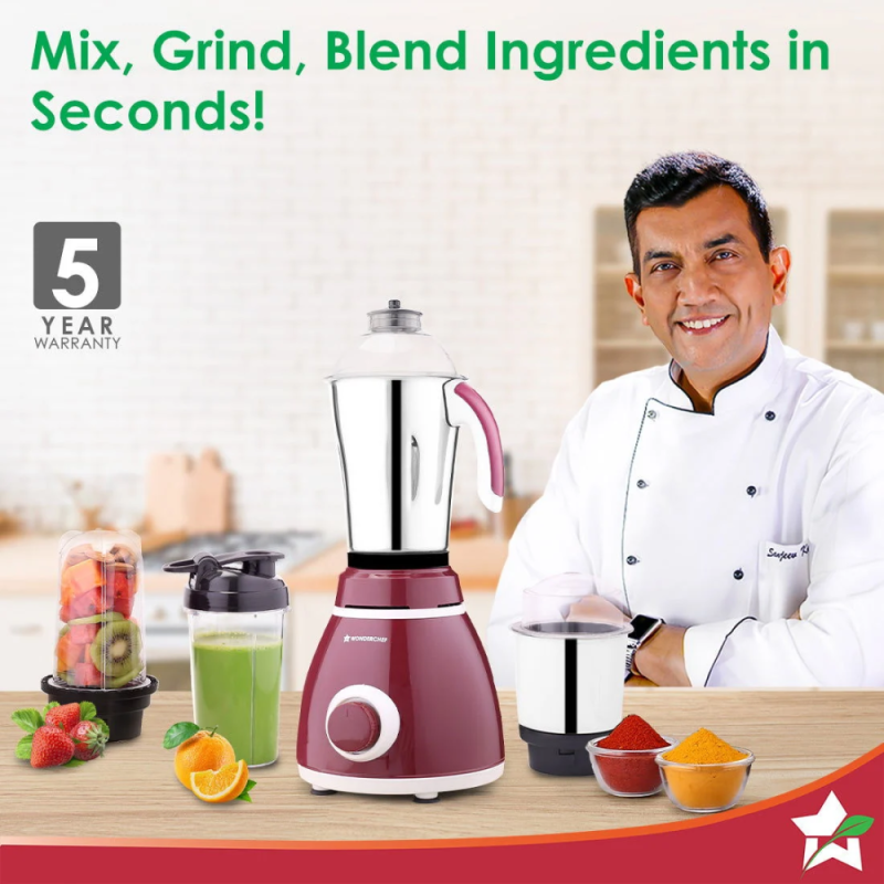 Wonderchef Acura Plus 750W 4-Jar Mixer Grinder with 1.5 L Dry Grinding Jar, 580 ml Sipper Jar, 3-Speed & Pulse Function