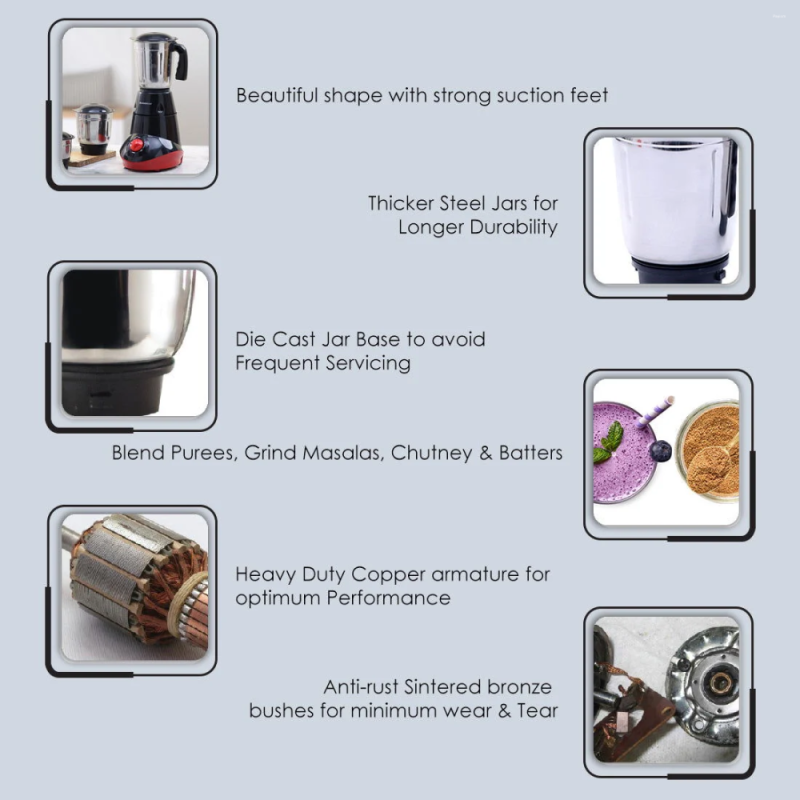 Wonderchef Capri 550W Mixer Grinder with 3 Stainless Steel Jars, Copper Motor, Stainless Steel Blades & Overload Protection
