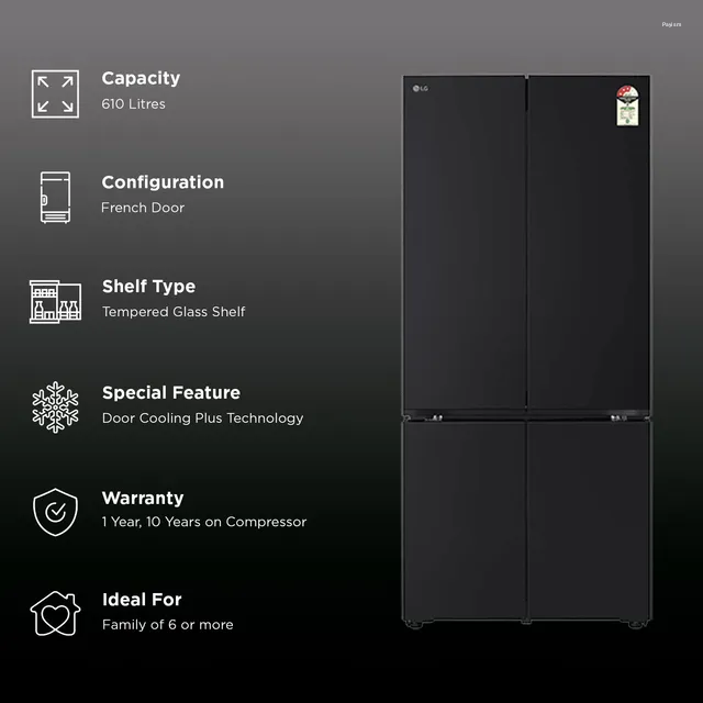 LG 610 Litres 3 Star Frost Free French Door Refrigerator with Wi-Fi Convertible and Fresh Converter+ (GV-B25FFGMB, Black Glass Finish)