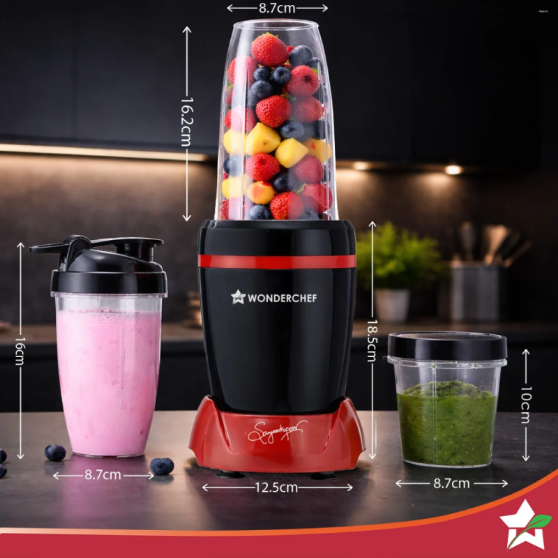 Wonderchef Nutri-blend Turbo 750W 3 Jar 22000 RPM Mixer Grinder Blender, Stainless Steel Blades, Black & Red