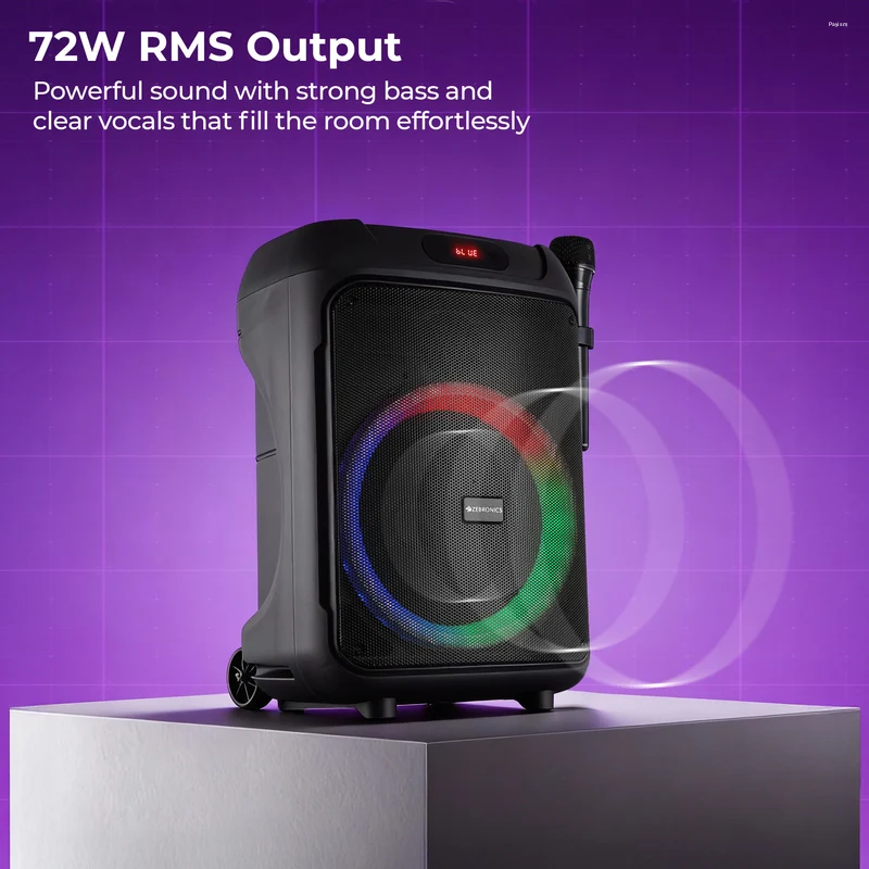 Zebronics ZEB-Thump 111 72W RMS Trolley DJ Speaker with Wireless Mic, Bluetooth 5.3, Karaoke, TWS, USB, mSD, AUX, FM & Rechargeable Battery
