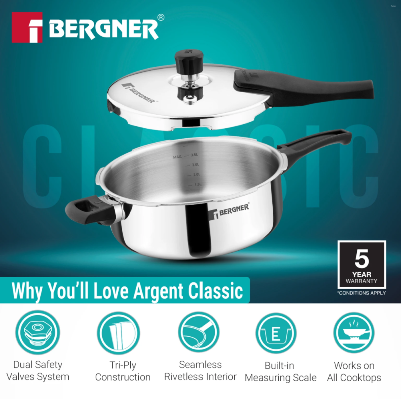 Bergner Argent Classic Pressure Pan Triply 5.0L Tri-Ply Stainless Steel, Induction Ready BGIN-9718