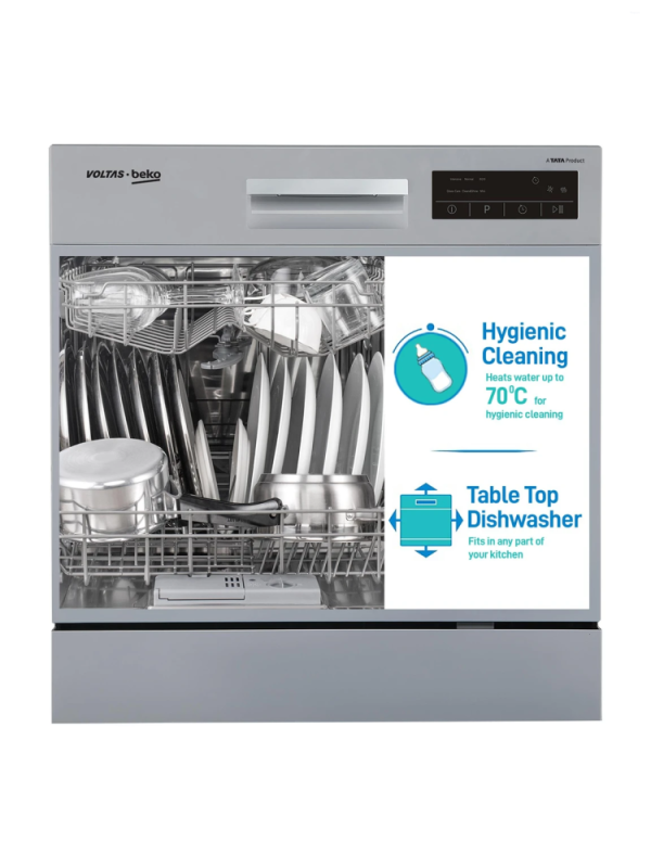 Voltas Beko DT8S 8 Place Settings Table Top Dishwasher with Inbuilt Heater, 6 Wash Programs, 8 L Water Consumption, Silver